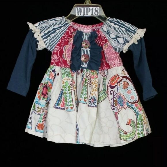 GIGGLE MOON GIRLS SIZE 12 MONTHS DRESS ELEPHANT RUFFLES LONG SLEEVE MULTICOLOR - Picture 1 of 9